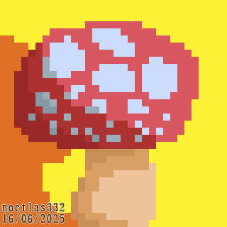 pixel art of a red button mushroom. it is very simple due to the large size of the pixels